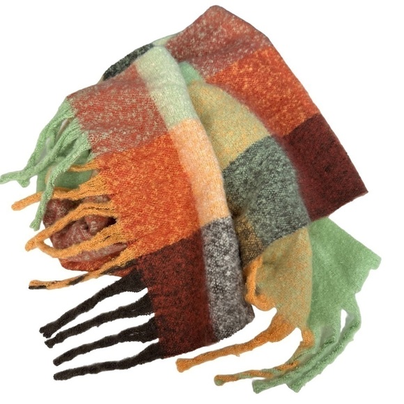 Steve Madden Super Soft Orange Gold Plaid Scarf - Picture 4 of 7